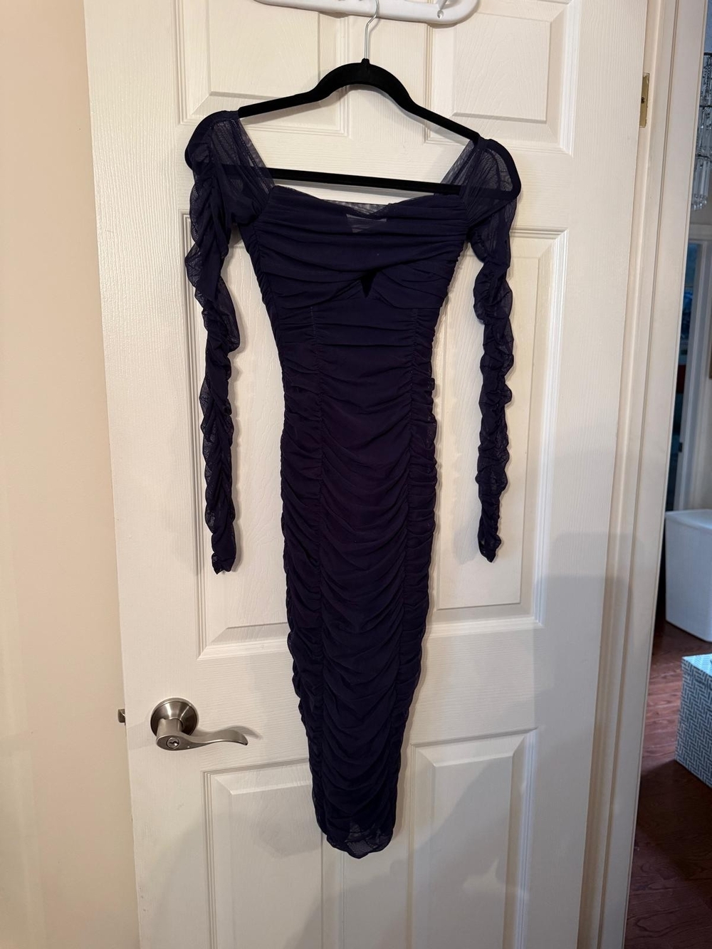 Nookie Navy Ruched Sheer-Sleeve Midi Dress